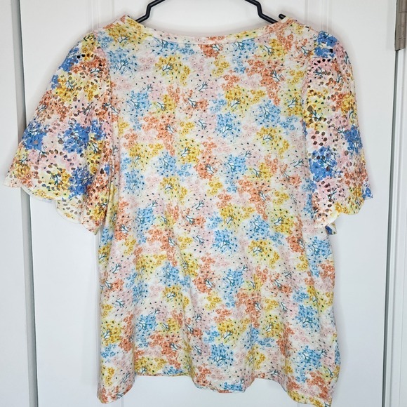 LOFT Floral Eyelet Sleeve Top Colorful Spring Blouse Women's Size L - Picture 2 of 6